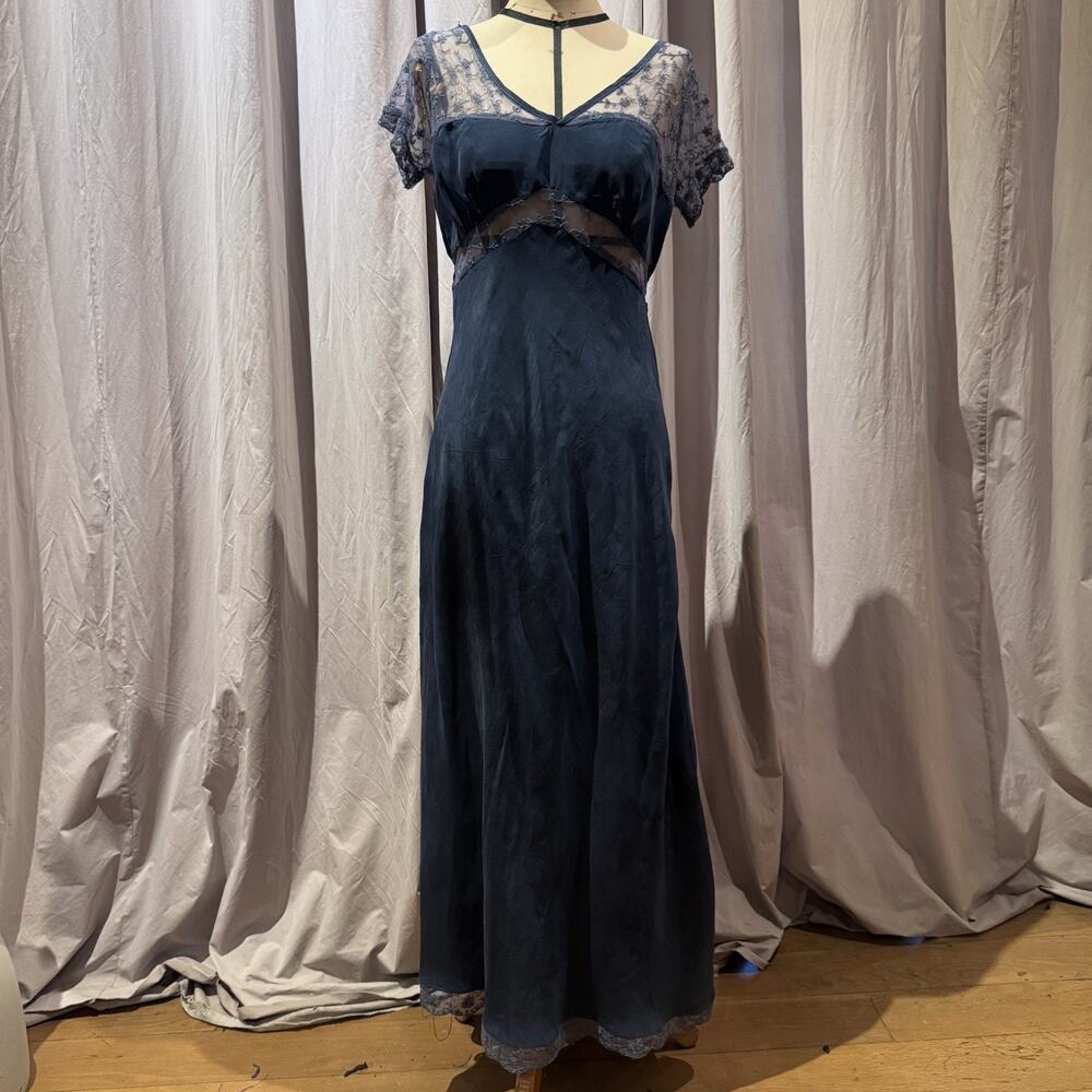 Ann Ferriday VTG  Tie Dye Bias Cupro / Embroidered Lace Maxi Dress S/ M * read